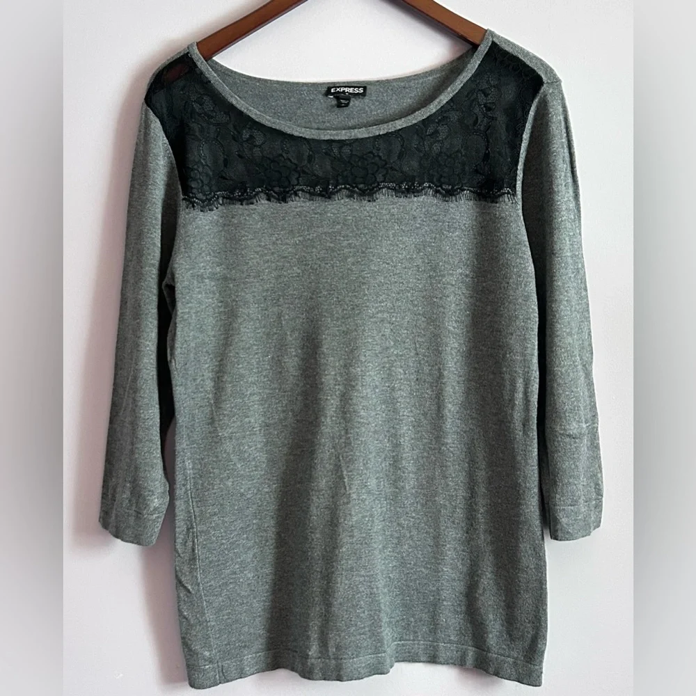 Express 3/4 Sleeve Gray Sweater with Black Lace Detail Size Large